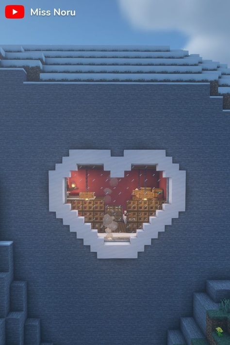 Cool Build Ideas Minecraft, Aesthetic Minecraft Mountain House, How To Make A Heart In Minecraft, Minecfrat House Ideas, Heart Shaped House Minecraft, Heart Shape Minecraft, Heart Mountain House Minecraft, Minecraft House Shape Ideas, Minecraft Houses In A Mountain