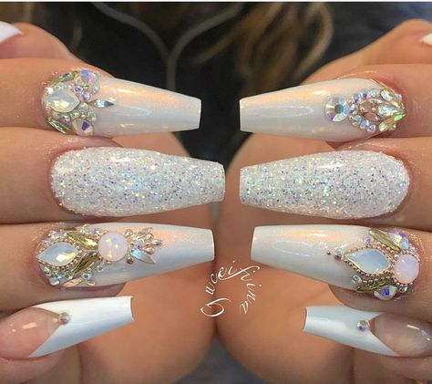 Bridal Nail Art, Wedding Nail, Nail Art Wedding, Glam Nails, Bridal Nails, Prom Nails, Beautiful Nail Art, Bling Nails, Fancy Nails