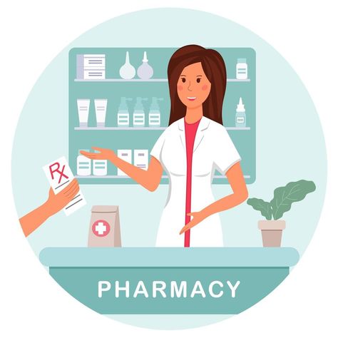 A pharmacist at a pharmacy dispenses a prescription medication to a client. Pharmacy Ads Creative, Pharmacy Cartoon, Pharmacy Assistant, Campaign Ideas, Medical Knowledge, Borders For Paper, Medical Prescription, Ads Creative, Pharmacist