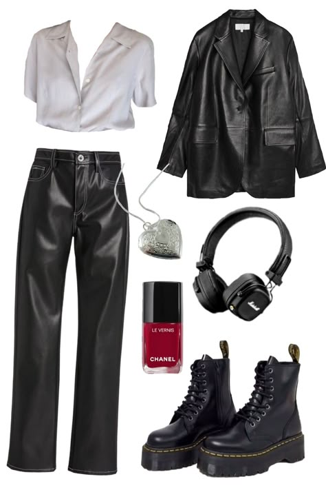 leather jacket and trousers, Doc Martens, white blouse, red nail polish, headphones and heart necklace Rockstar Outfit Inspiration, Rockstars Gf Outfits Aesthetic, Rockstar Clothing Aesthetic, Rockstar Outfit For Women Aesthetic, Rockstar Casual Outfit, Rockstar Gf Aesthetic Outfits Casual, Simple Rock Outfit, Simple Rockstar Outfit, Rockstar Style Aesthetic