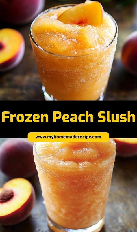 This Frozen Peach Slush is a refreshing summer drink made with juicy peaches! It’s an easy and delicious way to cool off on a hot day Peach Slush, Slush Recipes, Juice Ice Cubes, Frozen Peaches, Lemonade Concentrate, Orange Juice Concentrate, Juice Ice, Frozen Lemonade, Refreshing Drinks Recipes