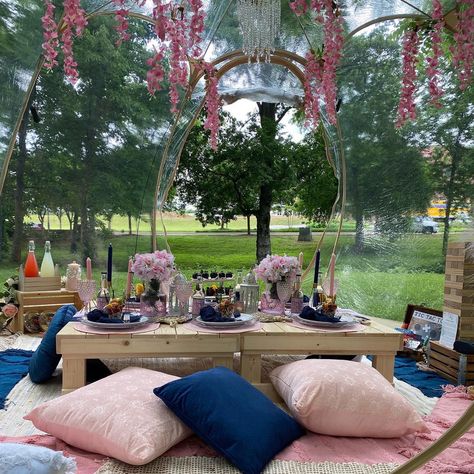 Bubble tent picnic Bubble Picnic, Picnic In A Bubble, Bubble Tent Picnic Ideas, Bubble Tent Picnic, Beach Picnic Proposal Setup, Pink Luxury Picnic, Extravagant Picnic, Kids Picnic, Bubble Tent