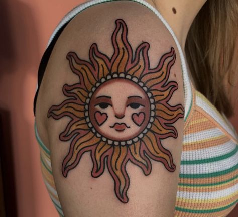 Happy Sun Tattoo, Trad Sun Tattoos, Sun Tattoo Traditional, Traditional Star Tattoo, Sun And Moon Traditional Tattoo, Sun Moon And Stars Tattoo Traditional, Sun Moon American Traditional, Sun Traditional Tattoo, Traditional Sun And Moon Tattoo