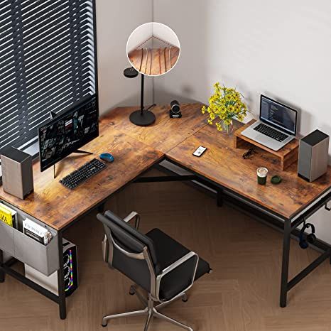 L Shape Table Office Computer Desks, L Shaped Corner Desk Study, Wooden Office Desk Corner, Corner Work Desk, L Shape Study Table Design, Big Desk Ideas, Gaming Corner Ideas, Home Office L Desk, L Desk Setup