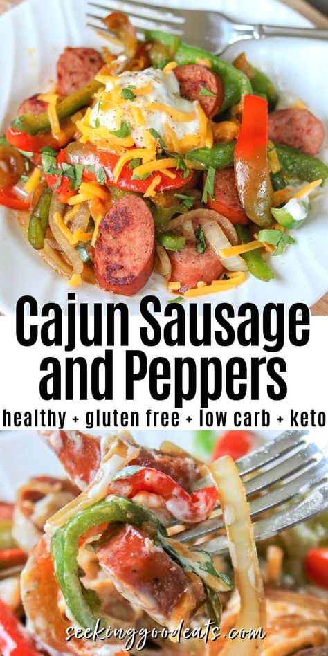 Low Carb Sausage Peppers And Onions, Keto Sausage And Peppers, Keto Sausage Recipe, Cajun Sausage, Keto Sausage, Smoked Sausage Recipes, Cast Iron Skillet Recipes, Sausage And Peppers, Healthy Low Carb Recipes