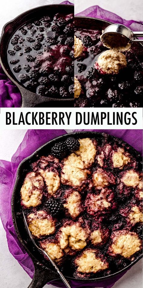 This easy stovetop blackberry dumplings recipe includes soft and tender dumplings cooked on the stovetop in a sweetened blackberry sauce. Top with fresh whipped cream or vanilla ice cream for the perfect summer blackberry dessert recipe. | blackberry dumplings recipe easy | fresh blackberry dumplings recipe Homemade Blackberry Pie Filling, Blackberry Dumplings Recipe, Blackberry Dumplings Old Fashion, Berry Dumplings, Blackberry Pudding, Blackberries Recipes, Blackberry Recipes Easy, Blackberry Dessert Recipes, Blackberry Dumplings