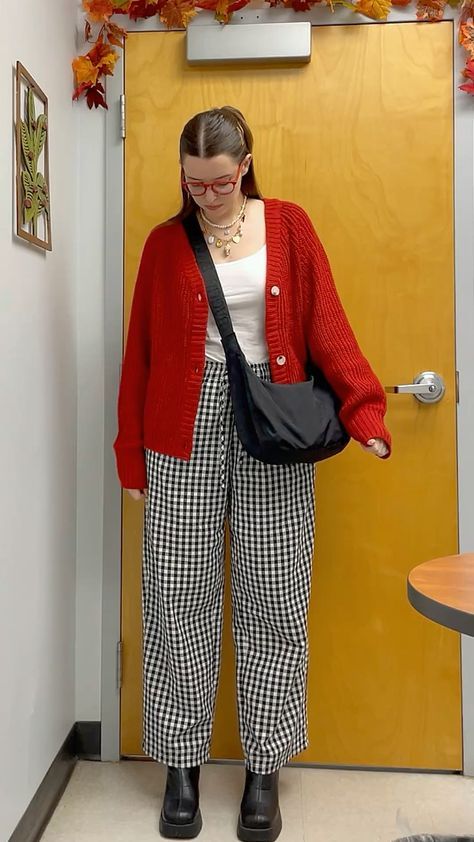 Ghingam Pants Outfit, Holiday Cardigan Outfit, Outfits For Bright Red Hair, Gingham Pants Outfit Winter, February Aesthetic Outfit, Gingham Pants Outfit Fall, Fun Business Professional Outfits, Hankerchief Outfit Women, Dopamine Outfits Aesthetic