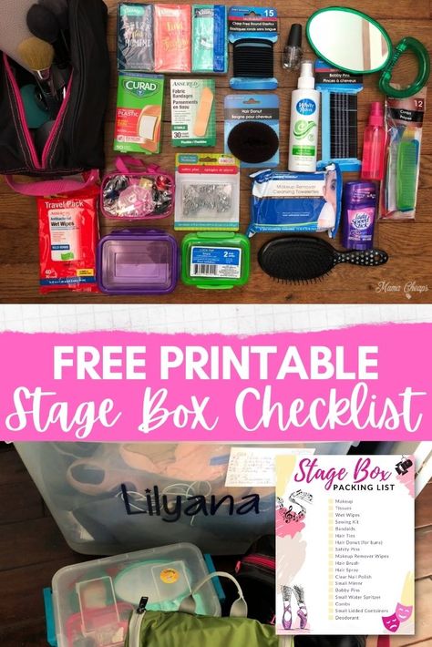 Whether you have a ballerina heading to her dance recital, or a young actor debuting in a theatrical production, being prepared is a MUST! Check out our best tips for what to pack in a stage box and grab our free printable supply checklist! We put this box together for our daugher's performances. It's a helpful way to store her supplies and costumes for each show! #dance #theatre #diy #mamacheaps #printable Dance Competition Checklist, Dance Competition Bag, Dance Competition Makeup, Theater Mom, Theatre Diy, Stage Box, Dance Recital Costumes, Dance Convention, Dance Team Gifts