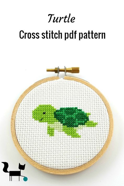 This cute little sea turtle cross stitch pdf pattern can be used as part of a nautical themed home decor. It is fun DIY project that can be made in few hours. #crossstitchpattern #nautical #seaturtle Cross Stiching Ideas Easy, Easy Cross Stitch Patterns For Beginners, Turtle Cross Stitch Patterns Free, Cross Stitch Turtle Pattern, Turtle Embroidery Simple, Sea Turtle Cross Stitch Pattern Free, Sea Creature Cross Stitch, Sea Creature Cross Stitch Pattern, Cross Stitch Sea