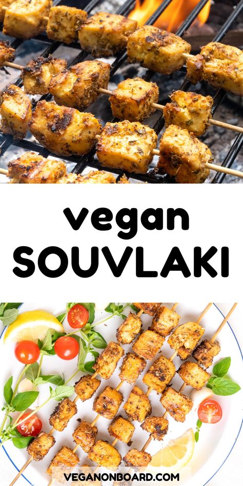 Vegan Souvlaki, Souvlaki Skewers, Vegan Greek Recipes, Tofu Skewers, Tofu Feta, Vegan Greek, Greek Dinners, Tofu Recipes Vegan, Vegan Grilling