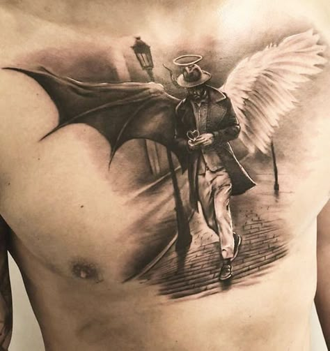 Tattoos Angel, Angel Devil Tattoo, Angel Y Diablo, 천사와 악마, Dragons Tattoo, Angel Tattoos, Devil Tattoo, Wing Tattoo Designs, Demon Tattoo