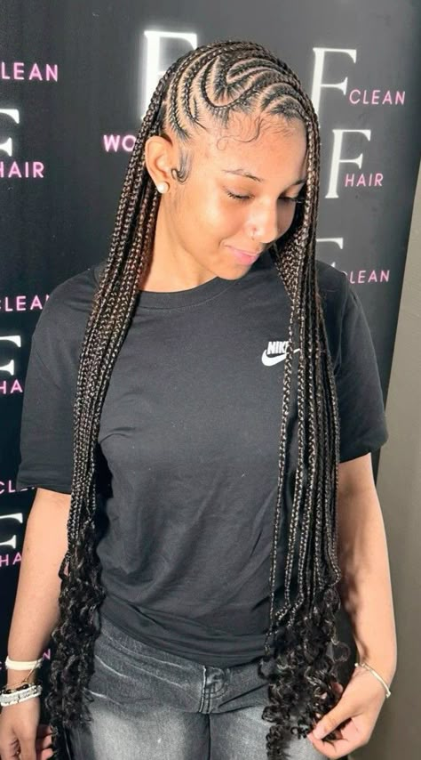 Alicia Keys Braids Hairstyles Fulani, Simple Lemonade Braids, Freestyle Lemonade Fulani Braids, Fulani Braids To The Side, Lemonade Braids Long, Cornrows With Curls At The End, Cornrow Front Box Braid Back, Lemonade Tribals With Knotless Braids, Lemon Fulani Braids