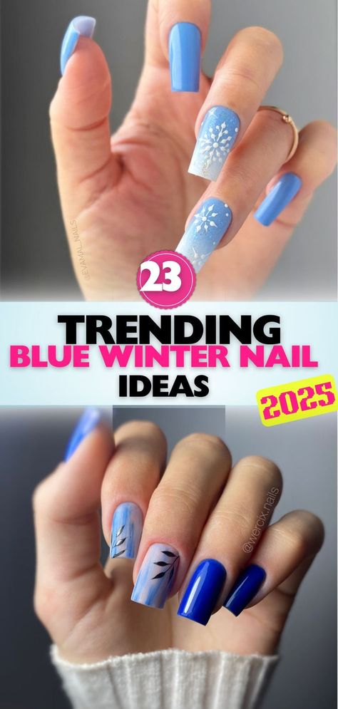 Blue winter nails with elegance and flair! Gorgeous designs include glitter, ombre, and creative details for seasonal looks that feel both bold and refined. Alternating Blue Nails, Blue Xmas Nails Short, Blue Nails Ideas Winter, Icy Blue Nail Designs, Fun Blue Nails Designs, Colorful Winter Nails, Blue Gray Nails Design, Winter Ombre Nails Ideas, Holiday Blue Nails