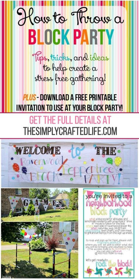 How to Throw a Block Party (tips, tricks, and ideas) + Free a Printable Invitation Template for you to use while planning your own block party! Block Party Invites Free Printable, Planning A Block Party, Block Party Ideas For Adults, Summer Block Party Ideas, Neighborhood Block Party Ideas, Hoa Activities, Block Party Decorations, Neighborhood Games, Block Party Ideas