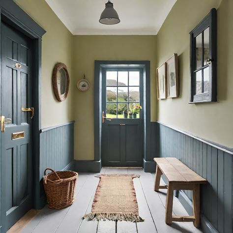 Dark Skirting Boards Light Walls, Dark Blue Hallway, Blue Hallway Ideas, Hallway Blue, Cottage Hallway, Stairway Ideas, Landing Stairs, Blue Hallway, Mission House