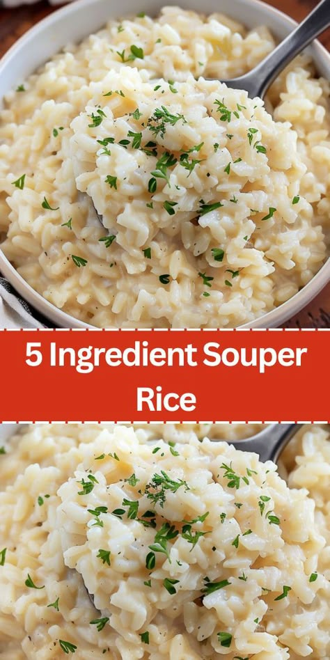 Try this easy 5-Ingredient Souper Rice recipe for a quick and delicious side dish. Made with cream of chicken soup, chicken broth, instant rice, and Parmesan cheese, this simple dish is perfect for busy weeknights. Ready in just minutes, it's a family favorite that pairs well with any main course. White Minute Rice Recipes, Instant Pot Rice Recipes White, Creamy Rice Casserole Recipes, Recipes For White Rice, Rice With Peas Recipes, Restaurant Style Cream Of Chicken Rice Soup, Cream Of Chicken Soup And Rice, Rice And Cream Of Chicken Soup, Seasoned Minute Rice