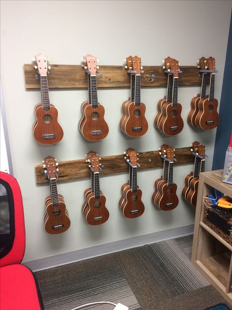 Ukulele holder for the music room at school, from old 1x6 and Ace Hdwe hooks. Light sanding w/120 grit and spray satin polyurethane... Ukulele Holder, Music Room, At School, Sanding, Ukulele, Wine Rack, Mumbai, Spray, Satin