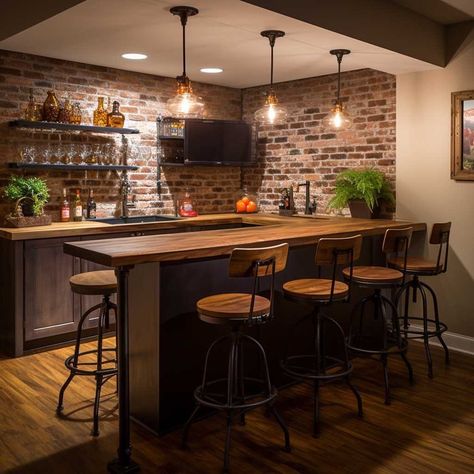 Bar Themed Basement, At Home Bar Inspiration, Small Basement Bar Ideas Rustic, Home Bar Basement Ideas, At Home Basement Bar, Rustic Bar Basement, Games Room Decor Ideas, Cozy Basement Bar, English Pub Basement Bar