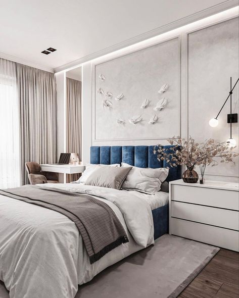 Bedroom Beds, Blue Bedroom Decor, Bedroom Wall Colors, Guest Room Decor, Bedroom Bed Design, Home Design Living Room, Bedroom Furniture Design, Modern Bedroom Design, Room Design Bedroom