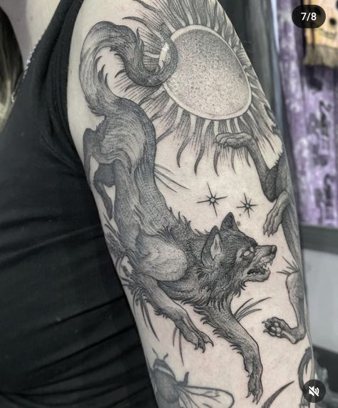 Animal Themed Tattoo Sleeve, Ghost Wolf Tattoo, Animals In Clothes Tattoo, Werewolf Tattoo For Women, Engravement Tattoo, Wolf Skeleton Tattoo, Coyote Tattoo Women, Unsettling Tattoos, Baulders Gate 3 Tattoos