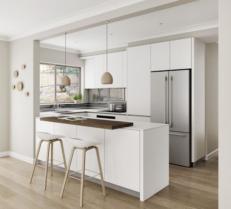 Modern style kitchen design with raised timber bar. Cremorne Pt, NSW L Shaped Kitchen With Island, Kitchens Australia, Kitchen Bar Island, High End Kitchen Design, New Modern Kitchen, Island With Bar, Modern Style Kitchen, Tall Unit, Top Kitchen Designs