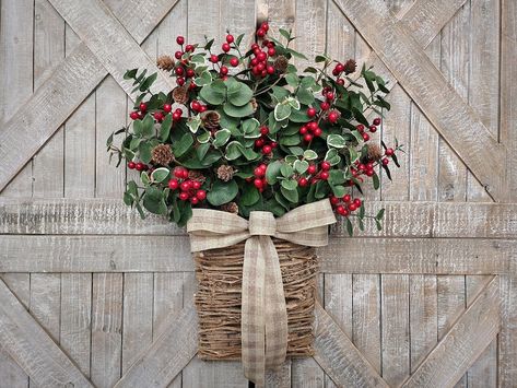 Christmas Eucalyptus Pinecone Wreath, Winter Greenery and Red Berry Door Decoration Rustic Farmhouse Xmas Hanging Basket, Holiday Decor Gift - Etsy Christmas Door Basket, Christmas Eucalyptus, Grapevine Basket, Door Basket, Basket Wreath, Winter Greenery, Winter Wreaths, Wreath Winter, Pinecone Wreath