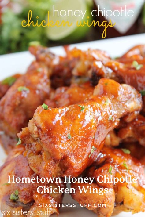 Hometown Honey Chipotle Chicken Wings Recipe Honey Chipotle Wing Sauce, Chipotle Chicken Wings Recipe, Honey Chipotle Chicken Wings, Honey Chipotle Wings, Six Sisters Stuff Recipes, Chicken Wing Party, Chipotle Chicken Wings, Six Sister, 6 Sisters