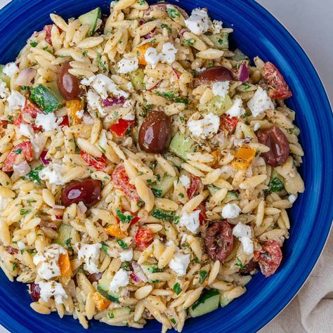 Greek Orzo Salad - Creamy Feta Dressing Orzo Feta Salad, Orzo Salad With Feta, Garlic Veggies, Orzo Feta, Persian Salad, Salad Feta, Feta Dressing, Shirazi Salad, Greek Orzo