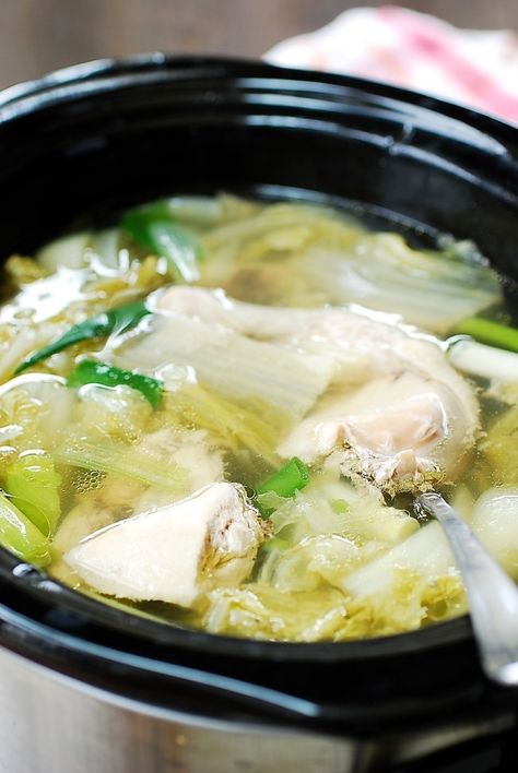 This slow cooker version of a Korean chicken soup is very easy to make! The flavorful, hearty soup is packed with tender chicken and soft napa cabbages. Cabbage Chicken Soup, Napa Cabbage Soup, Korean Chicken Soup, Slow Cooker Chicken Soup, Korean Soup Recipes, Napa Cabbage Recipes, Cabbage Soup Recipe, Korean Soup, Chinese Kool