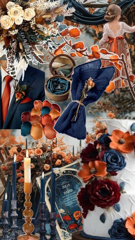 Blue And Rust Wedding Theme, Wedding Color Fall, Fall Wedding With Blue, Navy And Terracotta Wedding, Fall Blue Wedding, Navy Blue And Copper Wedding, Navy And Gold Wedding Theme, October Wedding Themes, Navy And Rust Wedding