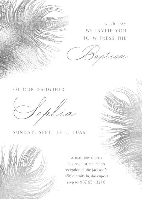 Shimmering Feathers - Baptism & Christening Invitation #invitations #printable #diy #template #Baptism #christening Feather Invitation Design, Invitation For Christening, Christianing Invitation Template, Baptism Invitation Background, Baptismal Invitation Template Blank, Christening, Invitation Design, Invitation Template, Floral