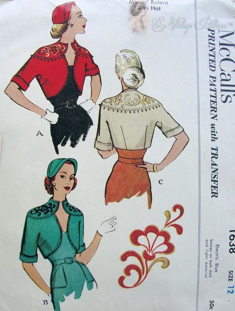 McCall's 1638 ©1951 Bolero and Hat 1950s Patterns, 1950s Sewing Patterns, Patron Vintage, Retro Sewing Patterns, Vintage Dress Patterns, Embroidery Transfers, Blouse Pattern Sewing, Bolero Jacket, Clothing Details