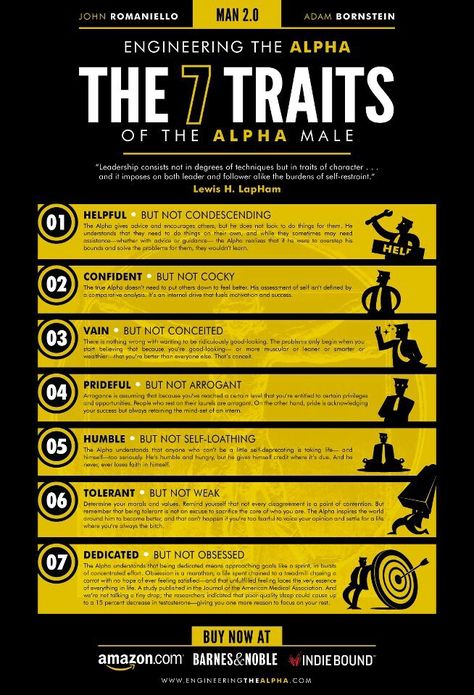 7 Traits of an Alpha Male -helpful, confident vain, prideful, humble, tolerant and dedicated Alpha Male Traits, Romantic Interest, Gentlemens Guide, Fitness Hacks, Gentleman Rules, Gentleman Quotes, Feel Empowered, Popular Workouts, Men Quotes