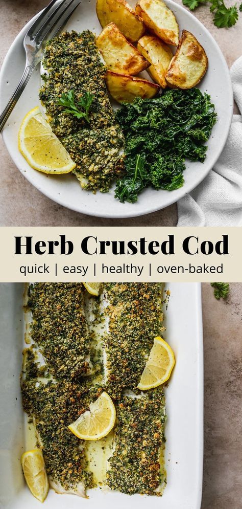 This oven-baked herb crusted cod recipe is a simple, healthy, and delicious dinner idea. The herb crust is made with nutritious almond flour instead of breadcrumbs or panko. Quick + easy, all you need are 9 ingredients and 30-minutes to make it! Recipe is gluten-free and dairy-free. Whole 30 Cod Recipes, Aip Cod Recipes, Crusted Cod Recipes, Aip Fish Recipes, Dairy Free Fish Recipes, Whole 30 Fish Recipes, Cod Dinners, Healthy Cod Recipes, Aip Dinners