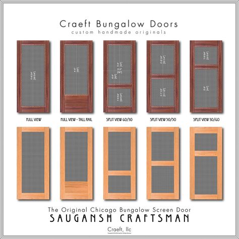 "Bungalow Screen Door - Sauganash Craftsman Custom Handmade Screen Door: 36\" wide  x +/- 80\" high to include: 5/4\" thick selected solid, plain sliced hardwood with joined & exterior glued artisan fabrication. All surfaces hand sanded to furniture level finishing.  Stiles & Rails: 5 ½: wide / 7 1/4\" tall bottom rail. Detailing: Mission square edging. Aluminum Screen Frame(s): Included. Finishing:\"Unfinished\". Standard clear-coat marine satin finishing maybe selected and purchased separately. Hardware: Not Included. Finishing maybe selected and purchased separately to include pre-mounted, Screen door latch knob, hinge pair set, heavy duty door closer. Style Options:  Full View Full View - Tall Rail Split View 60/30 Split View 50/50 Split View 30/60 Hardwood Species Options: Solid Red O Craftsman Screen Door, Arched Screen Doors, Screen Doors For Front Door, Modern Screen Door, Screen Porch Door, Screen Door Ideas, Screened Porch Doors, Craftsman Front Porch, Double Screen Doors