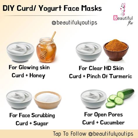 605 Likes, 2 Comments - Fitness | Beauty (@beautifulyoutips) on Instagram: “Here 4 vest face masks made with curd and one more ingredient for your skin   Just apply these…” Turmeric For Face, Face Mask Homemade, Clear Skin Face Mask, Clear Skin Face, Skin Face Mask, Clear Healthy Skin, Glowing Skin Mask, Diy Skin Care Routine, Natural Glowing Skin