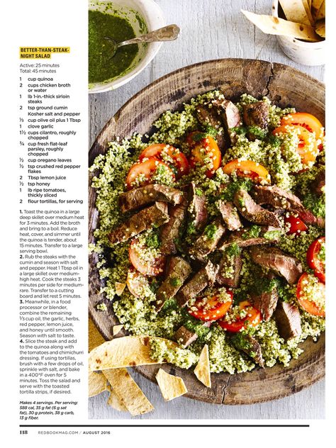 I saw this in the August 2016 issue of @redbookmag.   http://bit.ly/TC6So4 Steak Quinoa, Steak Salad Recipe, Chimichurri Steak, Toasted Quinoa, Healthy Carbs, Pasta Plates, Steak Salad, Salad Recipes For Dinner, Dinner Salads