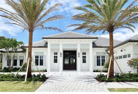 White Florida House Exterior, Coastal Home Outside, White Beach House Exterior Coastal, Modern Costal House Exterior, Modern Coastal Home Exterior Single Story, Modern Florida Home Exterior, Florida Ranch Style Homes Exterior, Front Porch With Roof, Mediterranean Style Homes Exterior