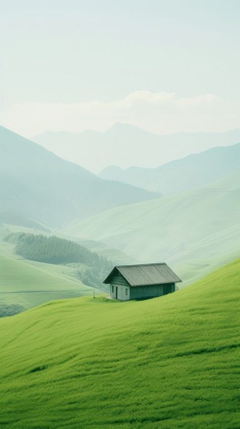 A cabin a green field with a valley architecture landscape grassland. | free image by rawpixel.com / Beem Landscape Reference Photos Nature, Green Background Aesthetic Landscape, Phone Wallpaper Plain, Grassland Aesthetic, Iphone Wallpaper Plain, Plain Landscape, Grass Mountain, Minimalist Iphone Wallpaper, Photography 4k