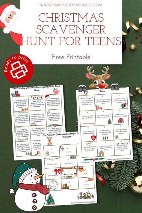 Download this free printable Christmas scavenger hunt with 12 challenging clues for teenagers. Perfect for holiday parties or family fun!#ChristmasGames #HolidayFun #ScavengerHuntForTeens Teenage Scavenger Hunt Clues, Christmas Scavenger Hunt Around Town, Santa Scavenger Hunt Christmas Morning, Stocking Scavenger Hunt, Christmas Hunt Clues, Christmas Neighborhood Scavenger Hunt, Christmas Eve Scavenger Hunt, Christmas Treasure Hunt Clues For Teens, Kids Christmas Scavenger Hunt Clues