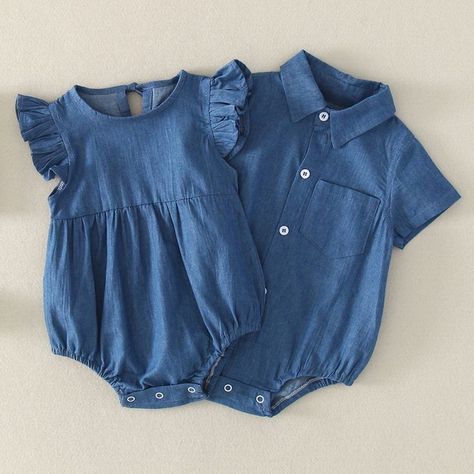 Denim Romper Outfit, Boy Girl Twin Outfits, Summer Denim Outfits, Romper Outfits, Twin Baby Clothes, Summer Newborn, Twin Baby Boys, Clothes Shops, Baby Twins