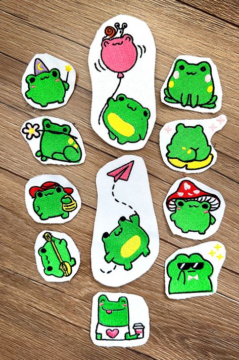 original embroidery design with frogs Frog Embroidery Designs, Wizard Frog, Frog Embroidery, Pocket Frogs, Big Embroidery, Embroidery Decor, Mushroom Frog, Frog Mushroom, Clothes Embroidery