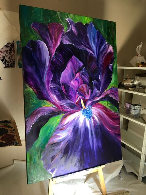 Big Oil Painting Ideas, Giant Flower Painting, Flower Painting Big Canvas, Big Flower Painting, Realistic Flower Painting, How To Paint An Iris In Acrylic, Iris Painting Acrylic, Huge Flower Painting Canvases, Iris Painting Acrylic Abstract