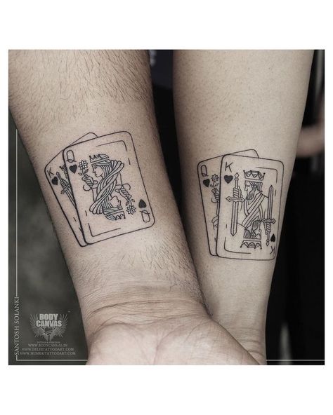 Creative Couple Tattoos, Card Tattoo Ideas, King Of Hearts Tattoo, Playing Card Tattoo, Spades Tattoo, Poker Tattoo, Cards Tattoo, Playing Card Tattoos, Queen Of Hearts Tattoo