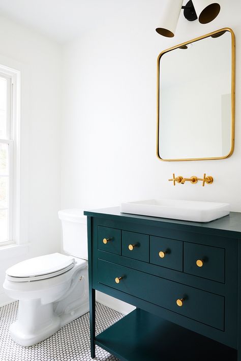 Vanity is painted Benjamin Moore 2041-10 Hunter Green. Green Bathroom Vanity, The Carpenters, Green Vanity, Girls Rooms, Bathroom Design Inspiration, Hygge Home, Trendy Bathroom, Bath Room, Green Bathroom