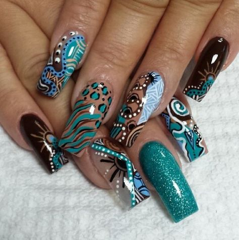 Teal Rhinestone Nails, Turquoise And Brown Nails, Brown And Teal Nails, Teal And Brown Nails, Long Nail Designs Square, Moms Nails, Teal Acrylic Nails, Sweet Nails, Aqua Nails