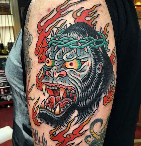 Traditional Ape Tattoo, Traditional Gorilla Head Tattoo, Gorilla Traditional Tattoo, Traditional Gorilla Tattoo, Neo Traditional Tattoo Flash, Traditional Tattoo Black And White, Atlas Tattoo, Tattoo Catalog, Tattoo Black And White