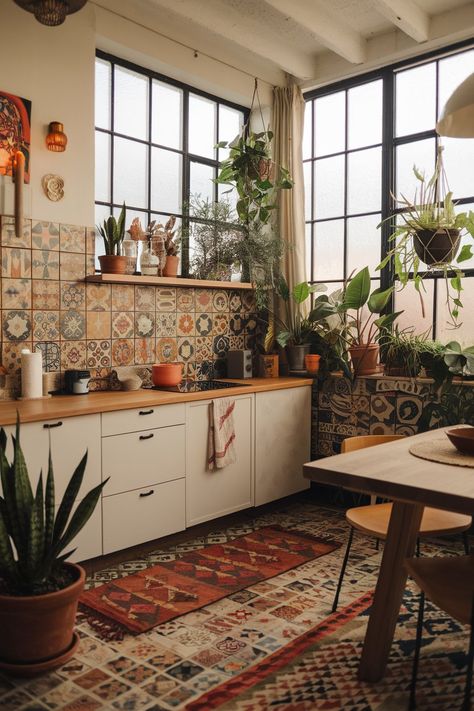 Boho Maximalism Kitchen, Maximalism Kitchen, Kitchen With Peninsula Layout, Rustic Boho Kitchen, Boho Maximalism, Modern Boho Kitchen, Kitchen With Peninsula, Black Kitchen Countertops, Brick Backsplash Kitchen