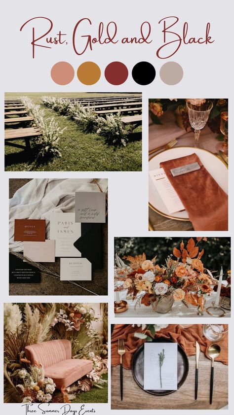 This rust, gold and black wedding color palette is perfect for a late summer, fall bohemian wedding. We love that it can fit for a vineyard wedding, industrial loft, and even a beach wedding. This versatile color palette is perfect for the couple looking for a unique and fun wedding color palette. Cinnamon Wedding Palette, Fall Earthy Wedding Color Schemes, Black And Gold Color Palette Wedding, Fall Wedding Color Palette Rust, Winery Wedding Color Schemes, Black And Gold Wedding Color Palette, Fall Wedding Color Schemes With Black, Black Ivory And Rust Wedding, Rust Winter Wedding