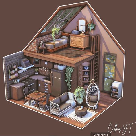 Sims4 Tiny House Floor Plan, Sims 4 Upstairs Layout, Sims Cottage Layout, Sims 4 Chicken Coop Ideas, Aesthetic Sims 4 House Interior, Sims4 Loft House, Sims 4 Tiny Living House, Sims House Aesthetic, Sims Small House Layout